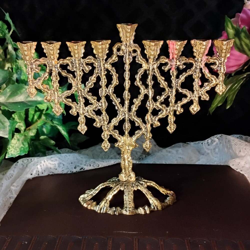 Solid Brass Vintage Judaica Tree of Life Hanukkah Menorah, Israel, Tamar